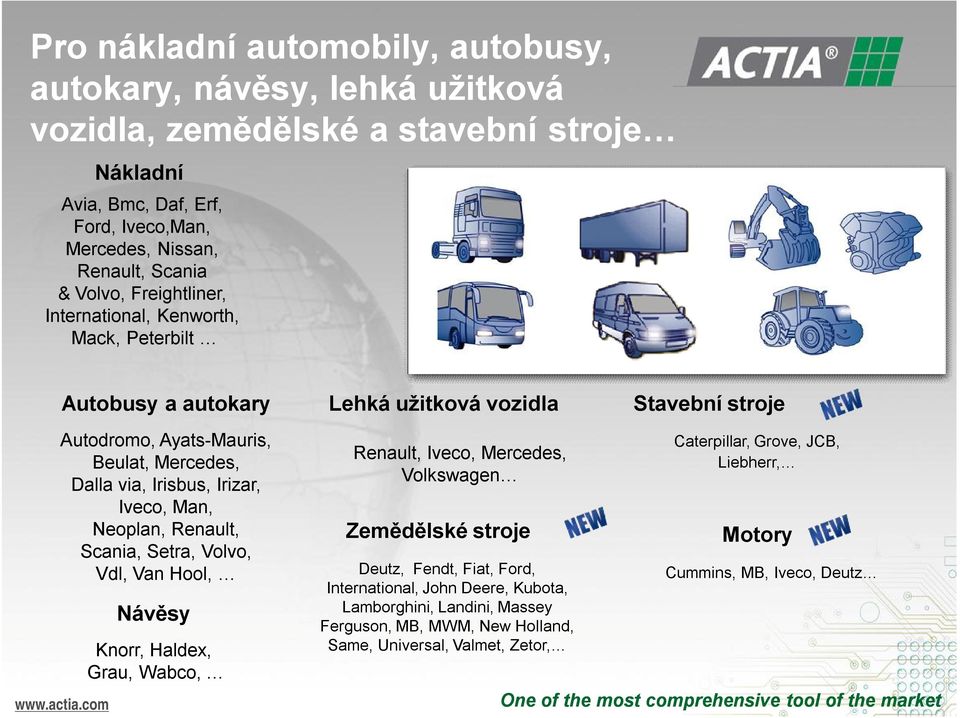 Vdl, Van Hool, Návěsy Knorr, Haldex, Grau, Wabco, Lehká užitková vozidla Renault, Iveco, Mercedes, Volkswagen Zemědělské stroje Deutz, Fendt, Fiat, Ford, International, John Deere, Kubota,