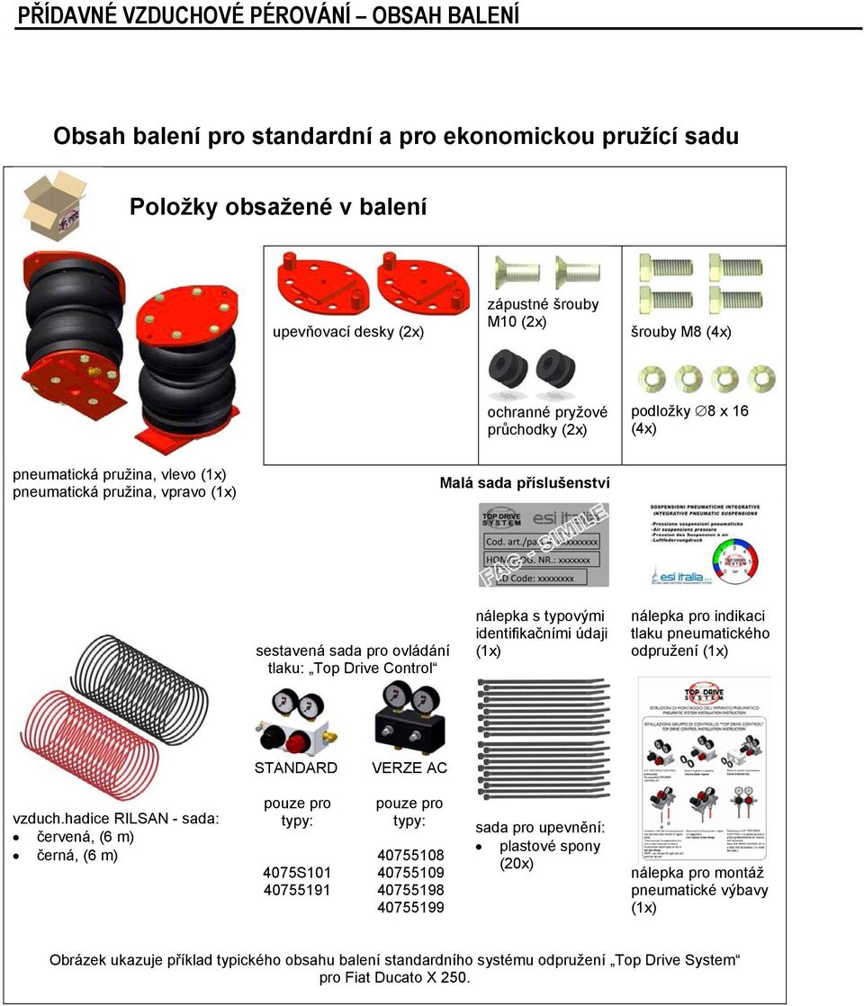 typovými identifikačními údaji (1x) nálepka pro indikaci tlaku pneumatického odpružení (1x) STANDARD VERZE AC vzduch.