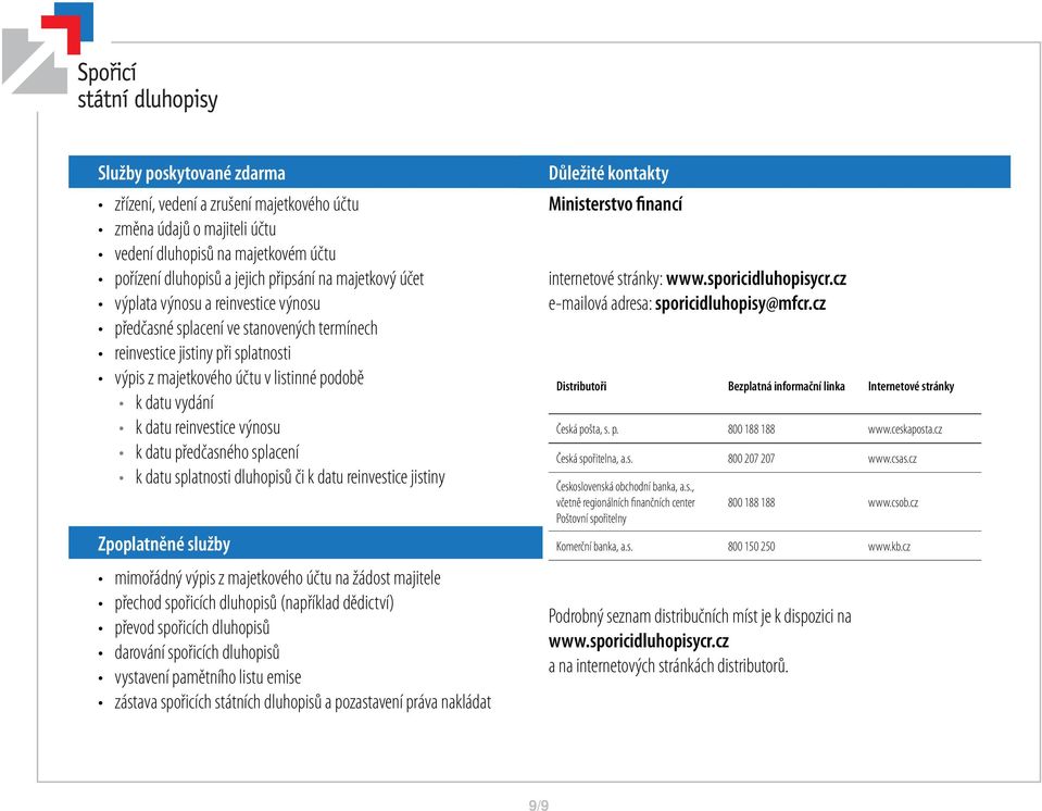 předčasného splacení k datu splatnosti dluhopisů či k datu reinvestice jistiny Zpoplatněné služby mimořádný výpis z majetkového účtu na žádost majitele přechod spořicích dluhopisů (například