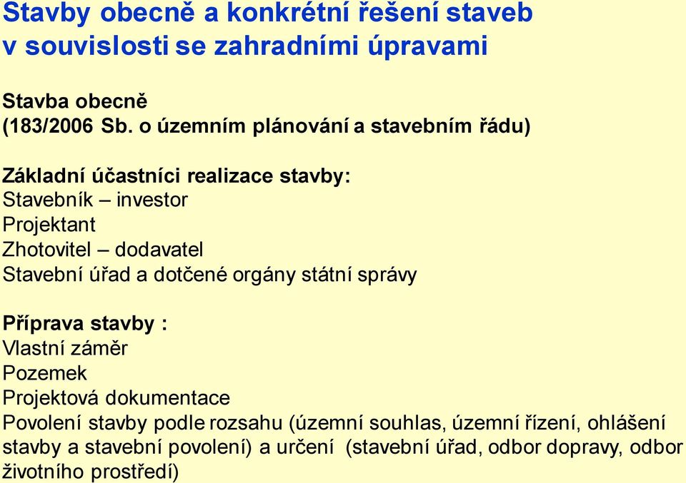 Stavební úřad a dotčené orgány státní správy Příprava stavby : Vlastní záměr Pozemek Projektová dokumentace Povolení stavby