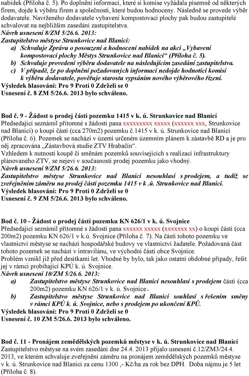 6. 2013: Zastupitelstvo městyse Strunkovice nad Blanicí: a) Schvaluje Zprávu o posouzení a hodnocení nabídek na akci Vybavení kompostovací plochy Městys Strunkovice nad Blanicí (Příloha č. 5).