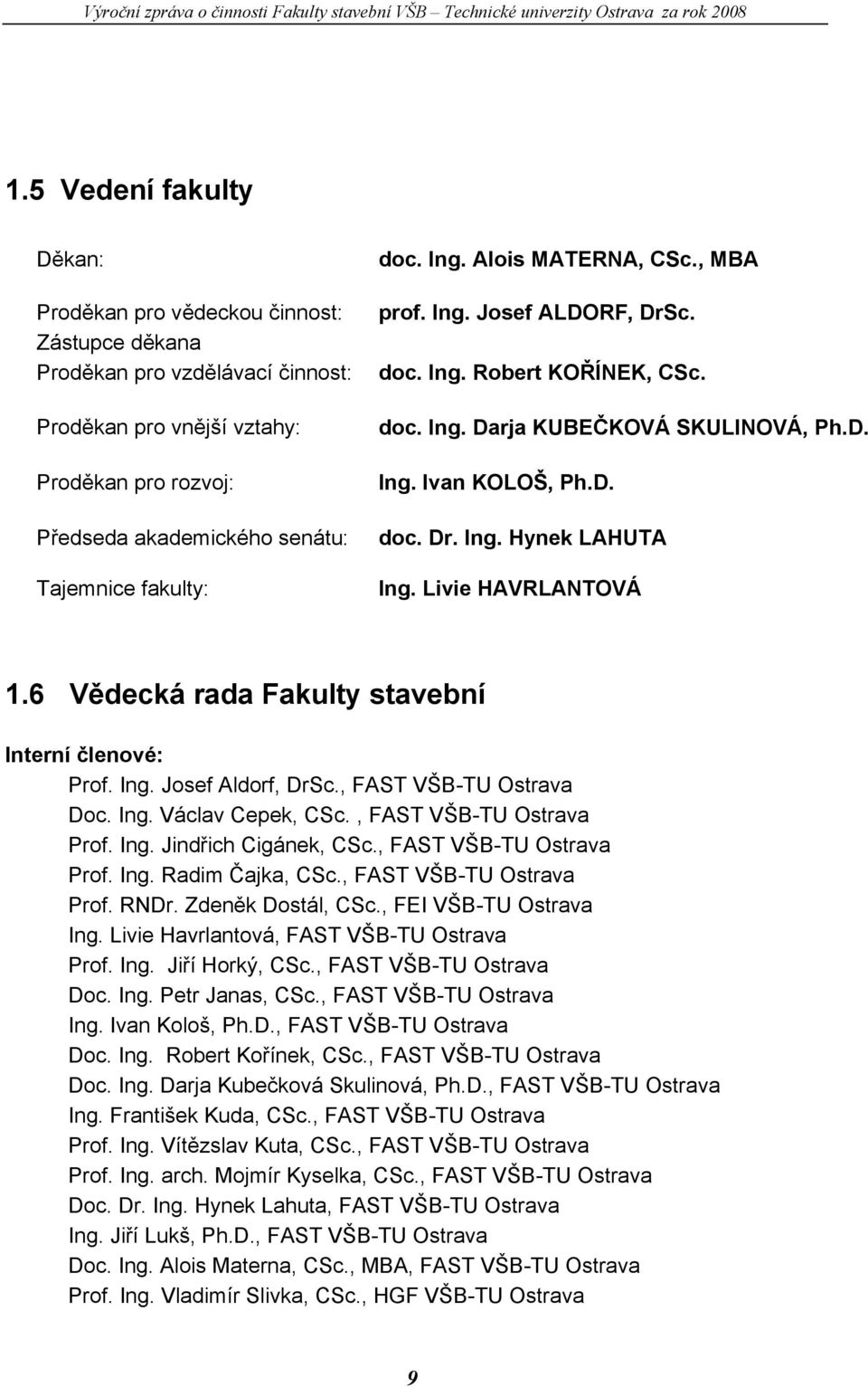 Livie HAVRLANTOVÁ 1.6 Vědecká rada Fakulty stavební Interní členové: Prof. Ing. Josef Aldorf, DrSc., FAST VŠB-TU Ostrava Doc. Ing. Václav Cepek, CSc., FAST VŠB-TU Ostrava Prof. Ing. Jindřich Cigánek, CSc.