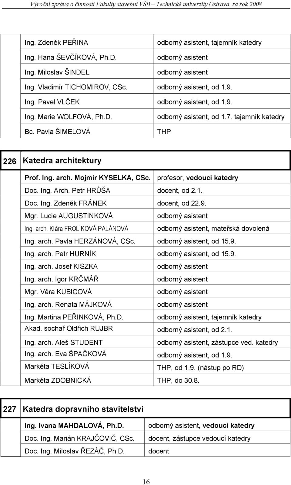 Petr HRŮŠA docent, od 2.1. Doc. Ing. Zdeněk FRÁNEK docent, od 22.9. Mgr. Lucie AUGUSTINKOVÁ odborný asistent Ing. arch. Klára FROLÍKOVÁ PALÁNOVÁ odborný asistent, mateřská dovolená Ing. arch. Pavla HERZÁNOVÁ, CSc.