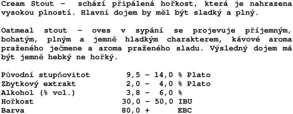 Oatmeal stout - oves v sypání se projevuje příjemným, bohatým, plným a jemně hladkým charakterem, kávové