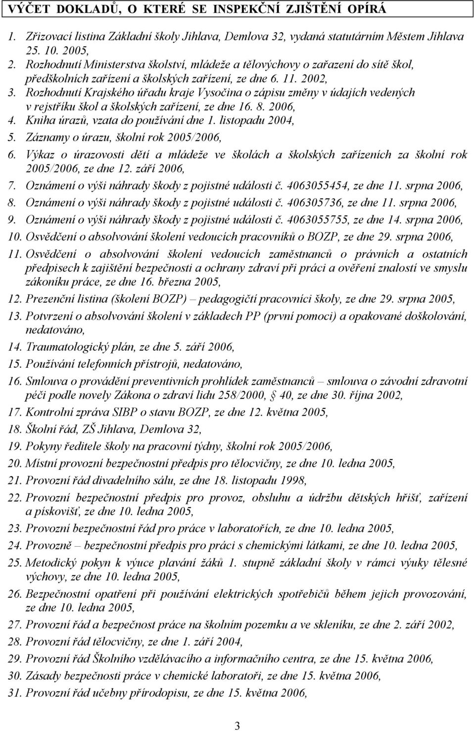 Rozhodnutí Krajského úřadu kraje Vysočina o zápisu změny v údajích vedených v rejstříku škol a školských zařízení, ze dne 16. 8. 2006, 4. Kniha úrazů, vzata do používání dne 1. listopadu 2004, 5.