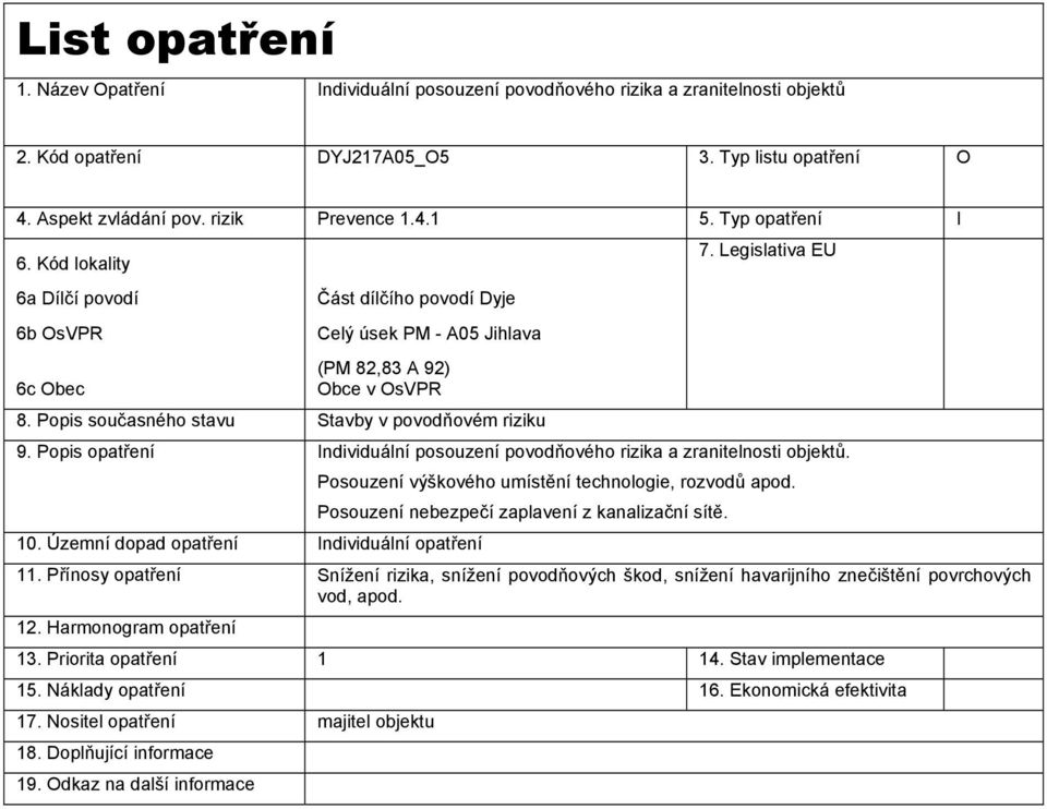 Popis opatření Individuální posouzení povodňového rizika a zranitelnosti objektů. Posouzení výškového umístění technologie, rozvodů apod.