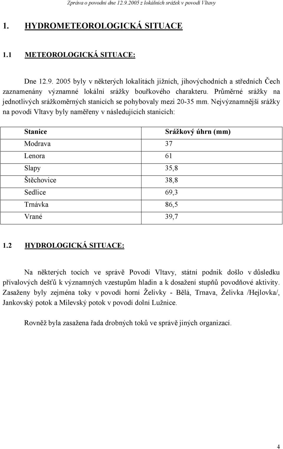 Nejvýznamnější srážky na povodí Vltavy byly naměřeny v následujících stanicích: Stanice Modrava 37 Lenora 61 Slapy 35,8 Štěchovice 38,8 Sedlice 69,3 Trnávka 86,5 Vrané 39,7 Srážkový úhrn (mm) 1.