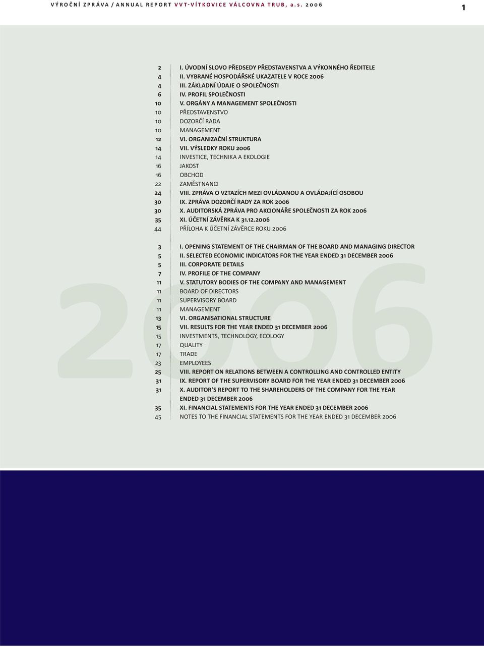 VÝSLEDKY ROKU 2006 14 INVESTICE, TECHNIKA A EKOLOGIE 16 JAKOST 16 OBCHOD 22 ZAMĚSTNANCI 24 VIII. ZPRÁVA O VZTAZÍCH MEZI OVLÁDANOU A OVLÁDAJÍCÍ OSOBOU 30 IX. ZPRÁVA DOZORČÍ RADY ZA ROK 2006 30 X.