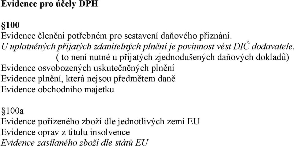 ( to není nutné u přijatých zjednodušených daňových dokladů) Evidence osvobozených uskutečněných plnění Evidence