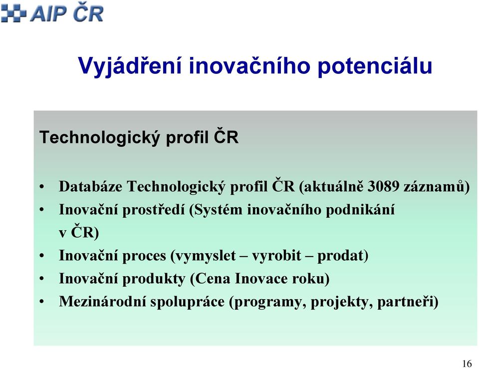 inovačního podnikání v ČR) Inovační proces (vymyslet vyrobit prodat)