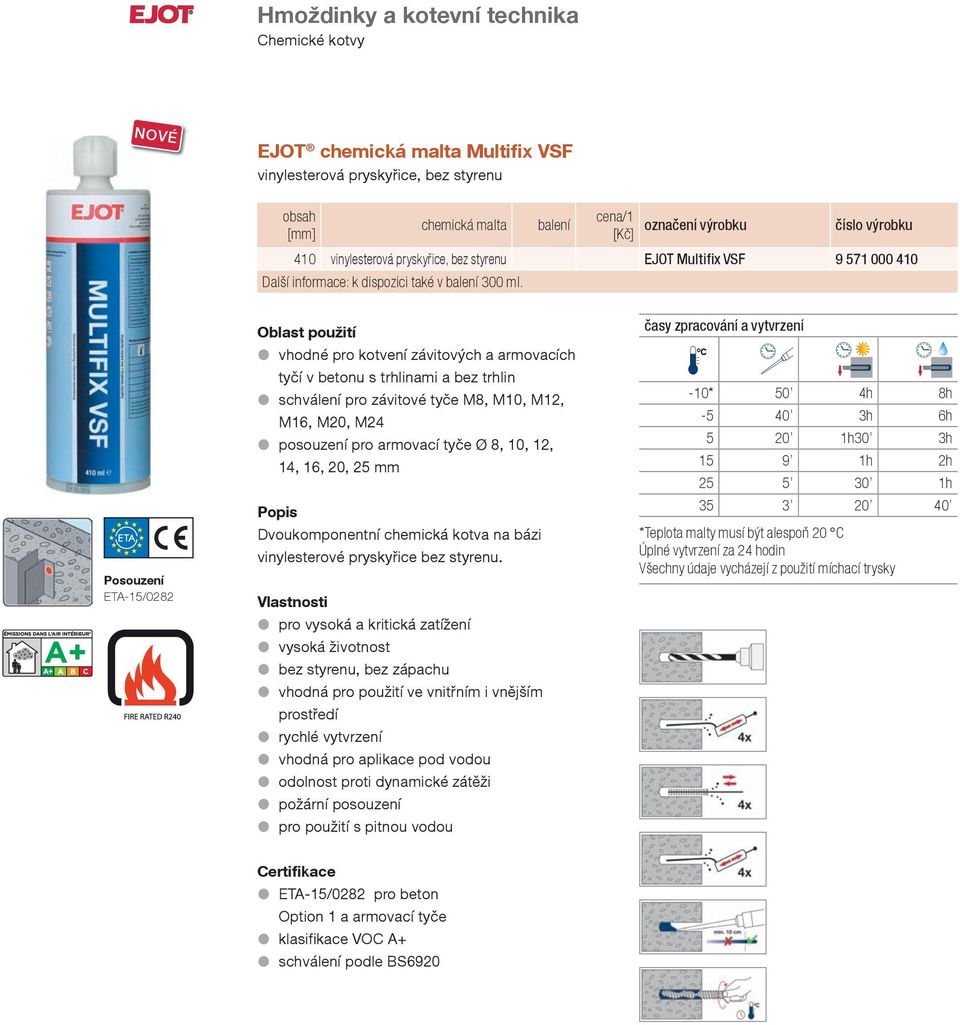 Posouzení ETA-15/0282 l vhodné pro kotvení závitových a armovacích tyčí v betonu s trhlinami a bez trhlin l schválení pro závitové tyče M8, M10, M12, M16, M20, M24 l posouzení pro armovací tyče Ø 8,