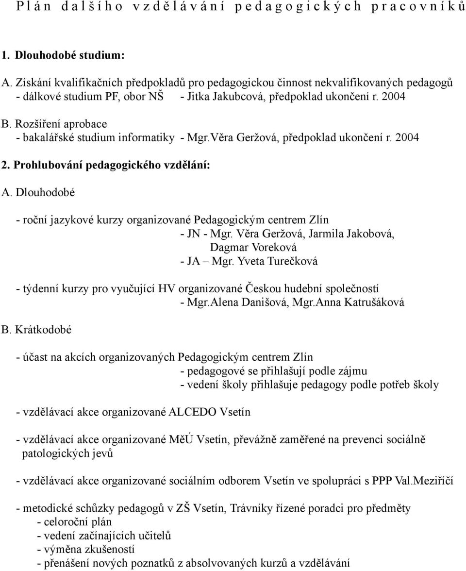 Rozšíření aprobace - bakalářské studium informatiky - Mgr.Věra Geržová, předpoklad ukončení r. 2004 2. Prohlubování pedagogického vzdělání: A.