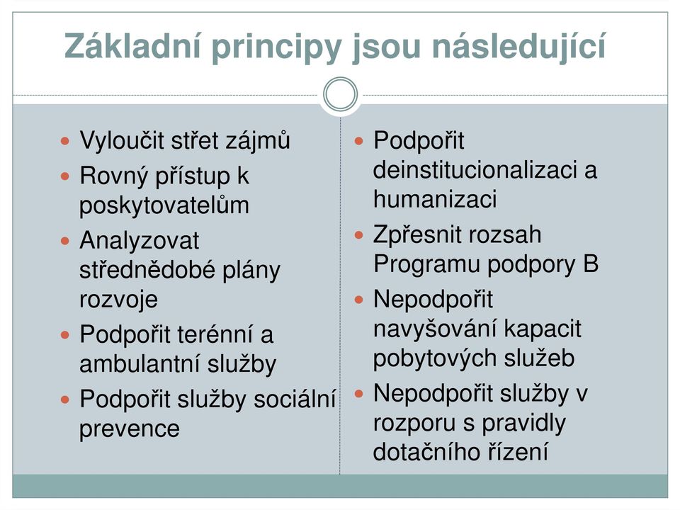 sociální prevence Podpořit deinstitucionalizaci a humanizaci Zpřesnit rozsah Programu podpory