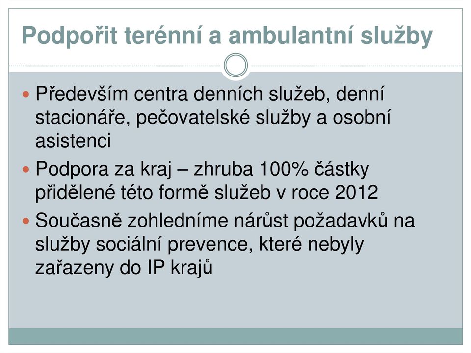 100% částky přidělené této formě služeb v roce 2012 Současně zohledníme