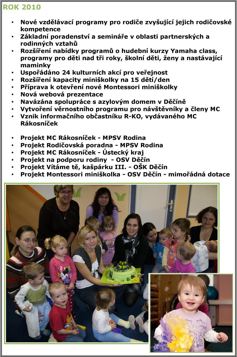 otevření nové Montessori miniškolky Nová webová prezentace Navázána spolupráce s azylovým domem v Děčíně Vytvoření věrnostního programu pro návštěvníky a členy MC Vznik informačního občastníku R-KO,