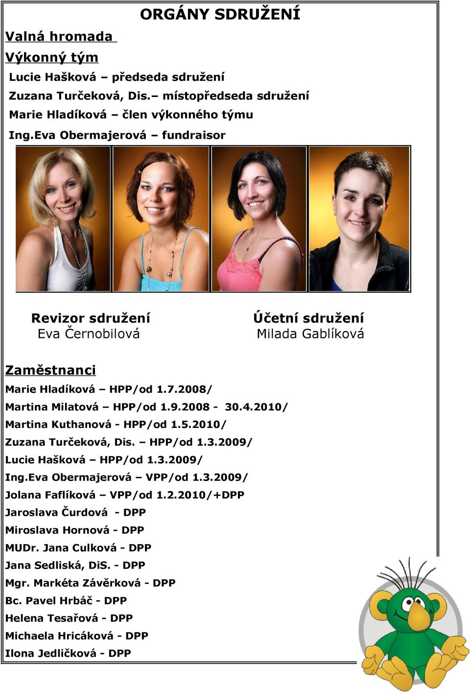 2010/ Martina Kuthanová - HPP/od 1.5.2010/ Zuzana Turčeková, Dis. HPP/od 1.3.2009/ Lucie Hašková HPP/od 1.3.2009/ Ing.Eva Obermajerová VPP/od 1.3.2009/ Jolana Faflíková VPP/od 1.2.2010/+DPP Jaroslava Čurdová - DPP Miroslava Hornová - DPP MUDr.
