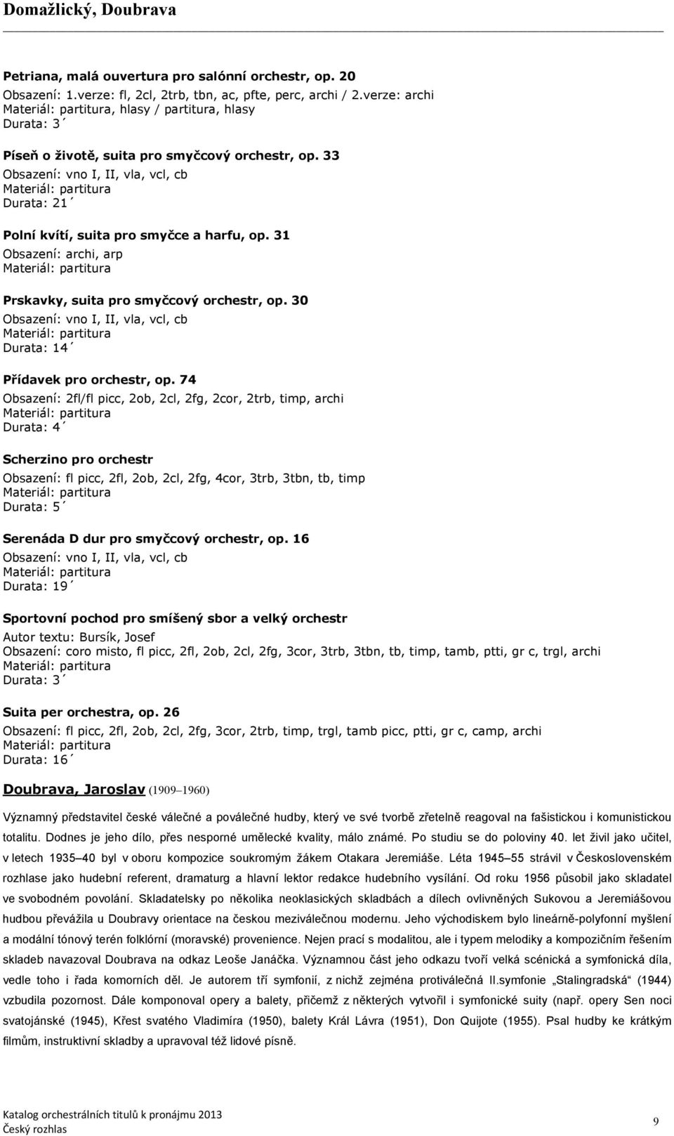 31 Obsazení: archi, arp Prskavky, suita pro smyčcový orchestr, op. 30 Obsazení: vno I, II, vla, vcl, cb Durata: 14 Přídavek pro orchestr, op.