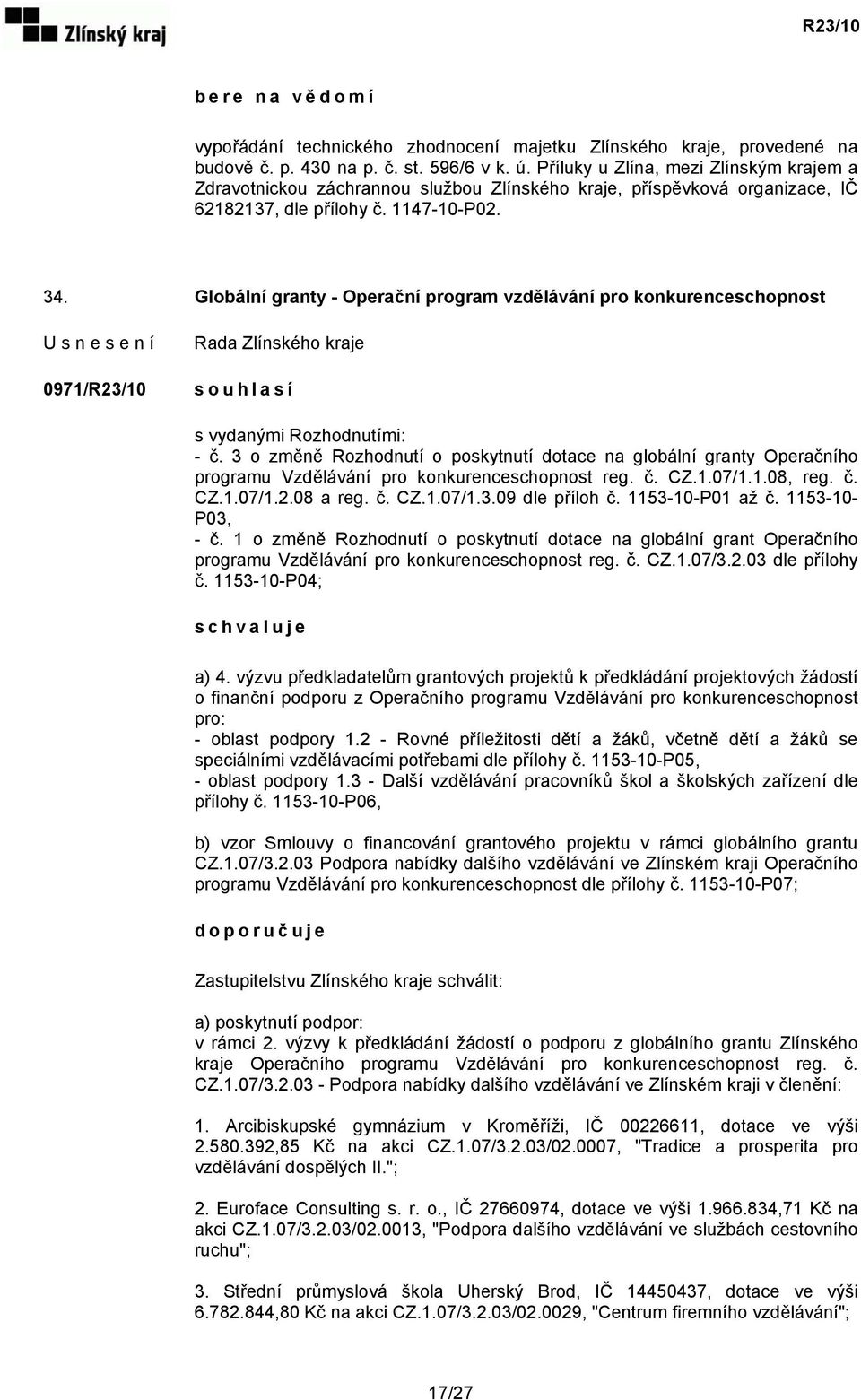 Globální granty - Operační program vzdělávání pro konkurenceschopnost 0971/R23/10 s ouhlasí s vydanými Rozhodnutími: - č.