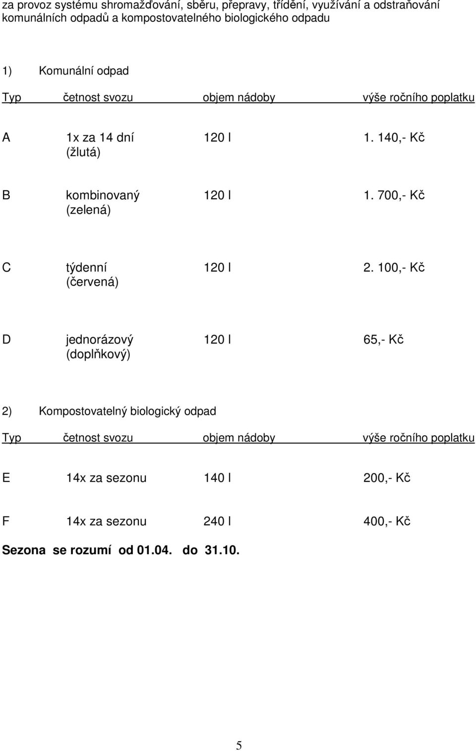 140,- Kč (žlutá) B kombinovaný 120 l 1. 700,- Kč (zelená) C týdenní 120 l 2.