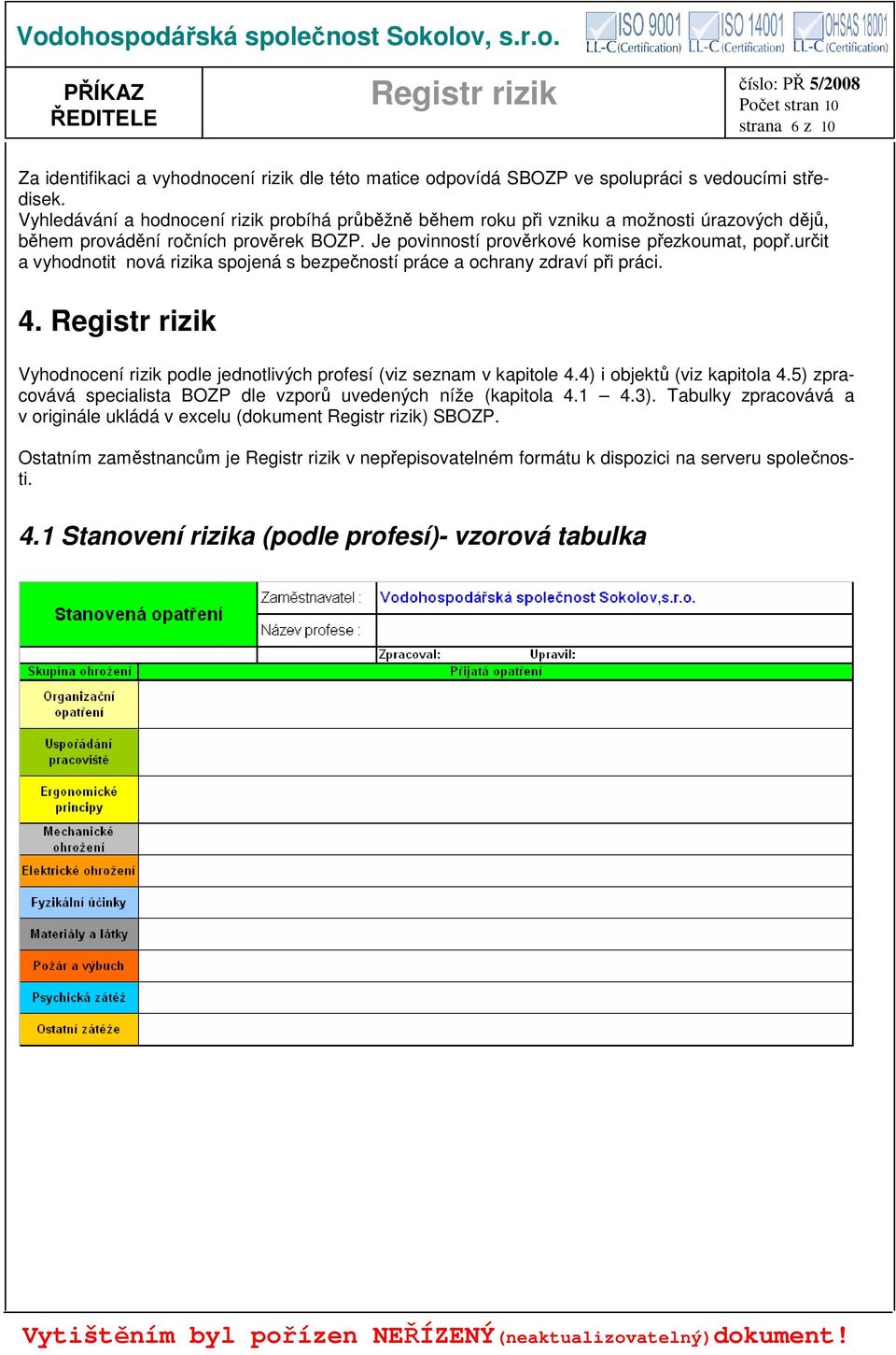 určit a vyhodnotit nová rizika spojená s bezpečností práce a ochrany zdraví při práci. 4. Vyhodnocení rizik podle jednotlivých profesí (viz seznam v kapitole 4.4) i objektů (viz kapitola 4.