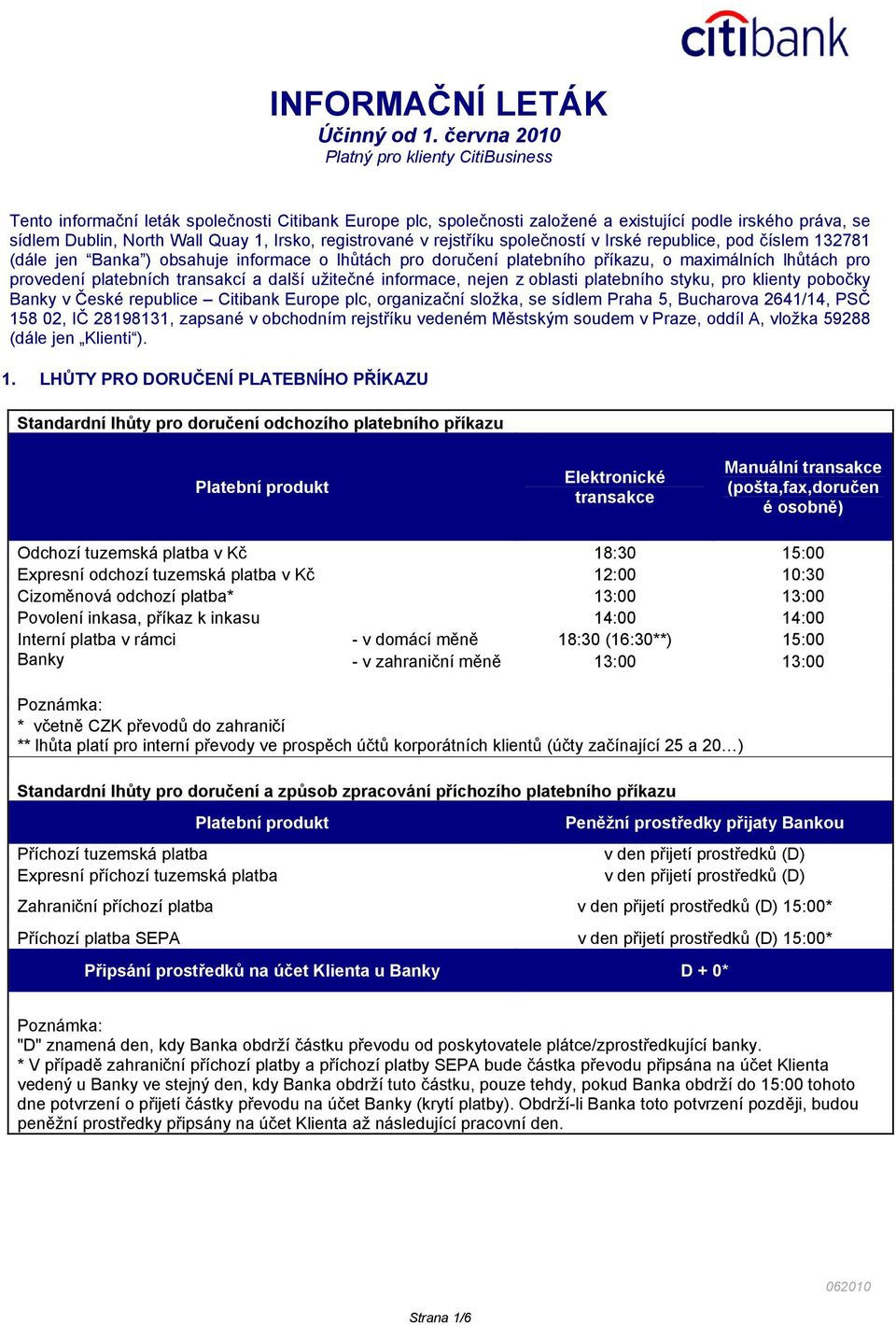 z oblasti platebního styku, pro klienty pobočky Banky v České republice Citibank Europe plc, organizační složka, se sídlem Praha 5, Bucharova 2641/14, PSČ 158 02, IČ 28198131, zapsané v obchodním