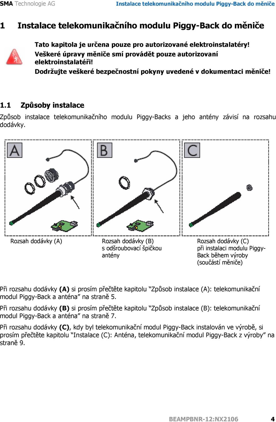 Rozsah dodávky (A) Rozsah dodávky (B) s odšroubovací špičkou antény Rozsah dodávky (C) při instalaci modulu Piggy- Back během výroby (součástí měniče) Při rozsahu dodávky (A) si prosím přečtěte