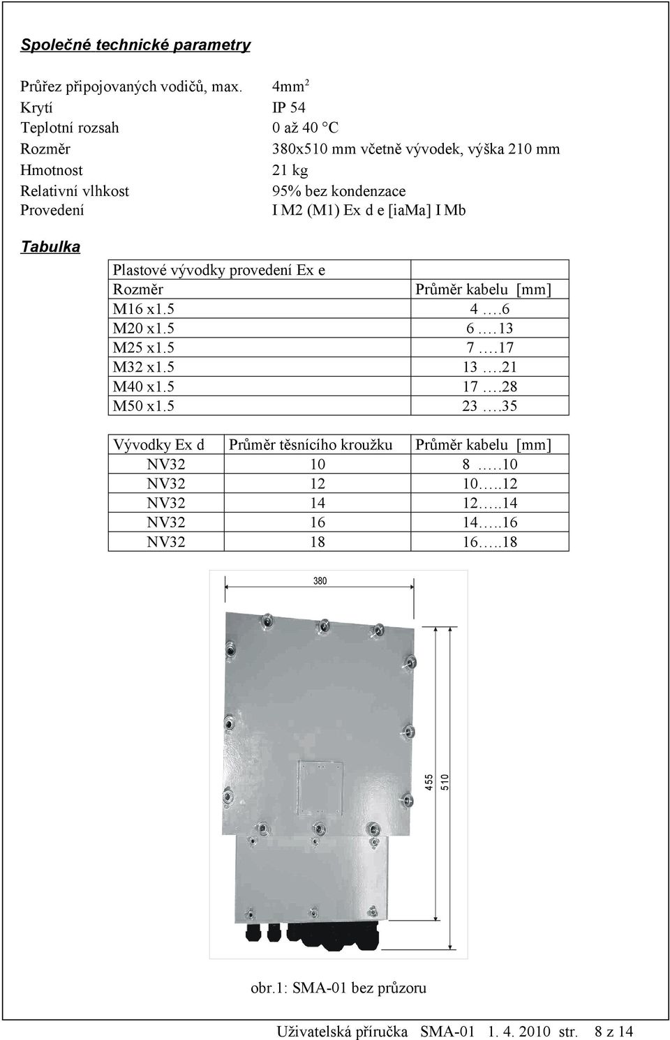 M2 (M1) Ex d e [iama] I Mb Tabulka Plastové vývodky provedení Ex e Rozměr M16 x1.5 M20 x1.5 M25 x1.5 M32 x1.5 M40 x1.5 M50 x1.5 Průměr kabelu [mm] 4.6 6.