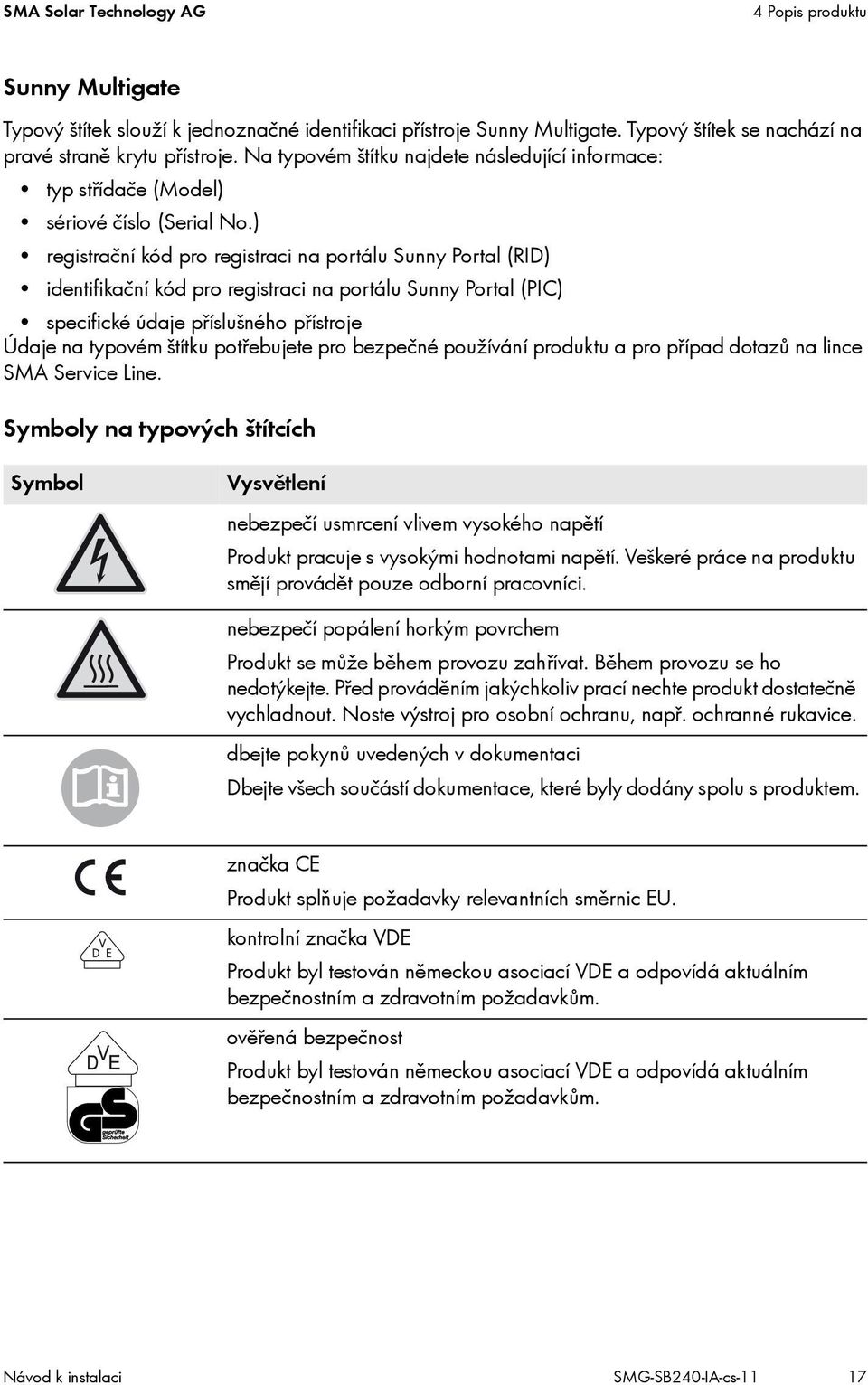 ) registrační kód pro registraci na portálu Sunny Portal (RID) identifikační kód pro registraci na portálu Sunny Portal (PIC) specifické údaje příslušného přístroje