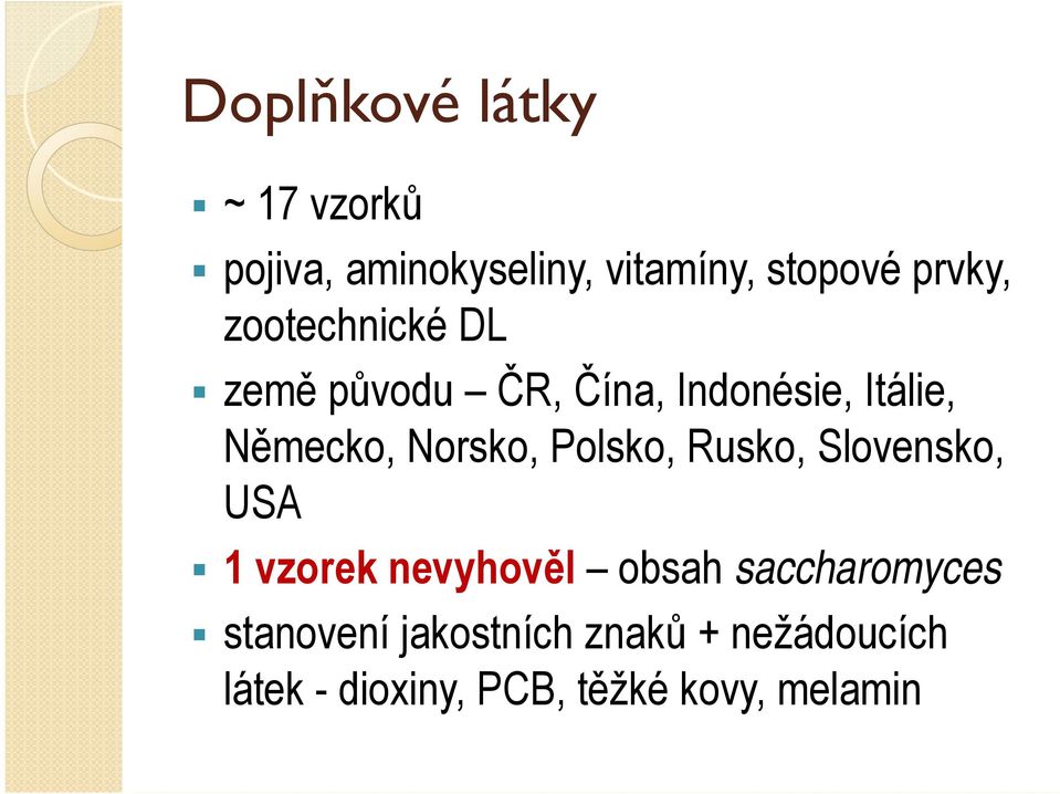 Polsko, Rusko, Slovensko, USA 1 vzorek nevyhověl obsah saccharomyces