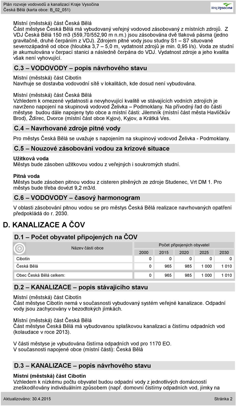 Vydatnost zdroje a jeho kvalita však není vyhovující. C.3 VODOVODY popis návrhového stavu Navrhuje se dostavba vodovodní sítě v lokalitách, kde dosud není vybudována.