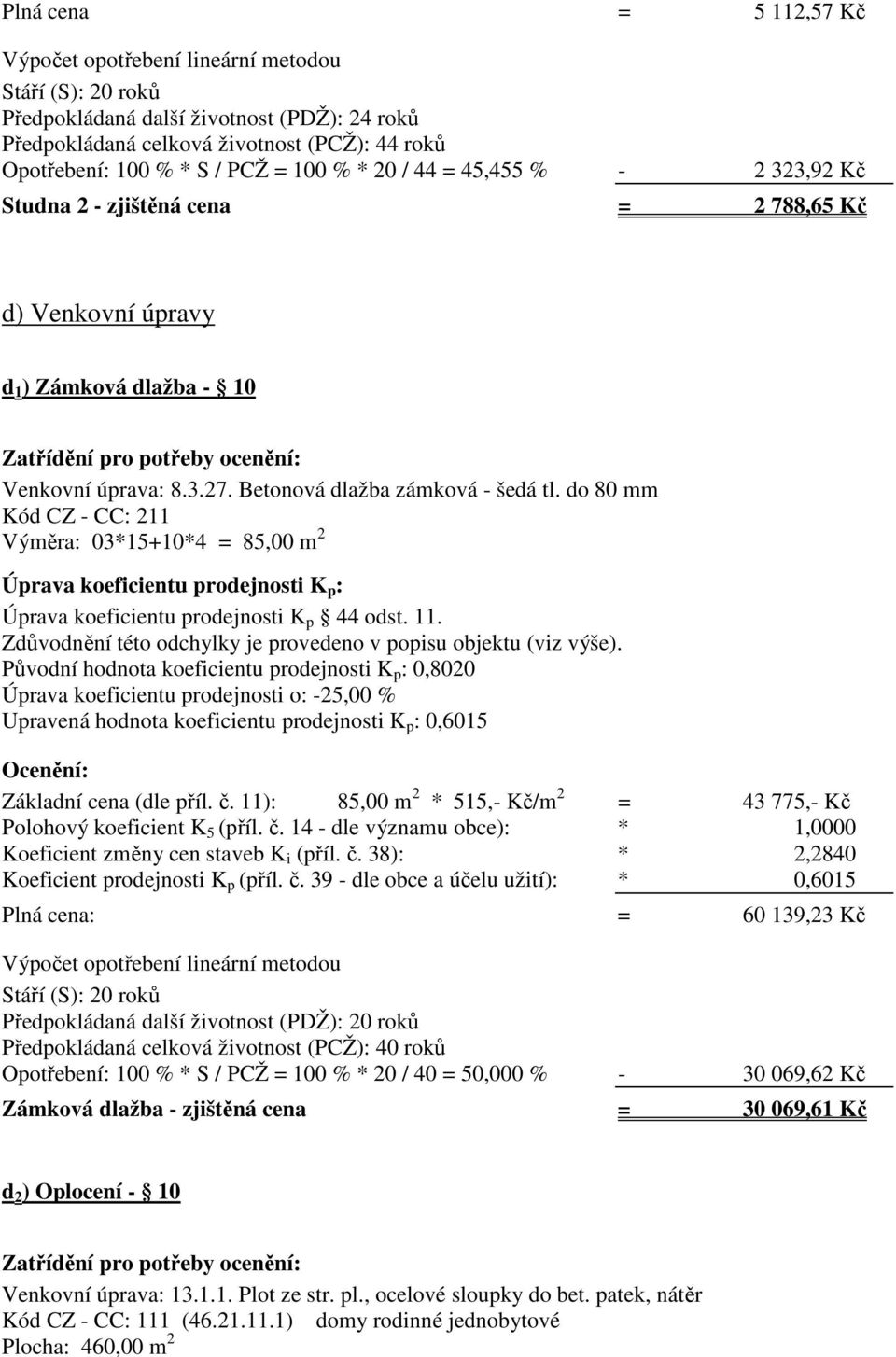 do 80 mm Kód CZ - CC: 211 Výměra: 03*15+10*4 = 85,00 m 2 Úprava koeficientu prodejnosti K p 44 odst. 11.