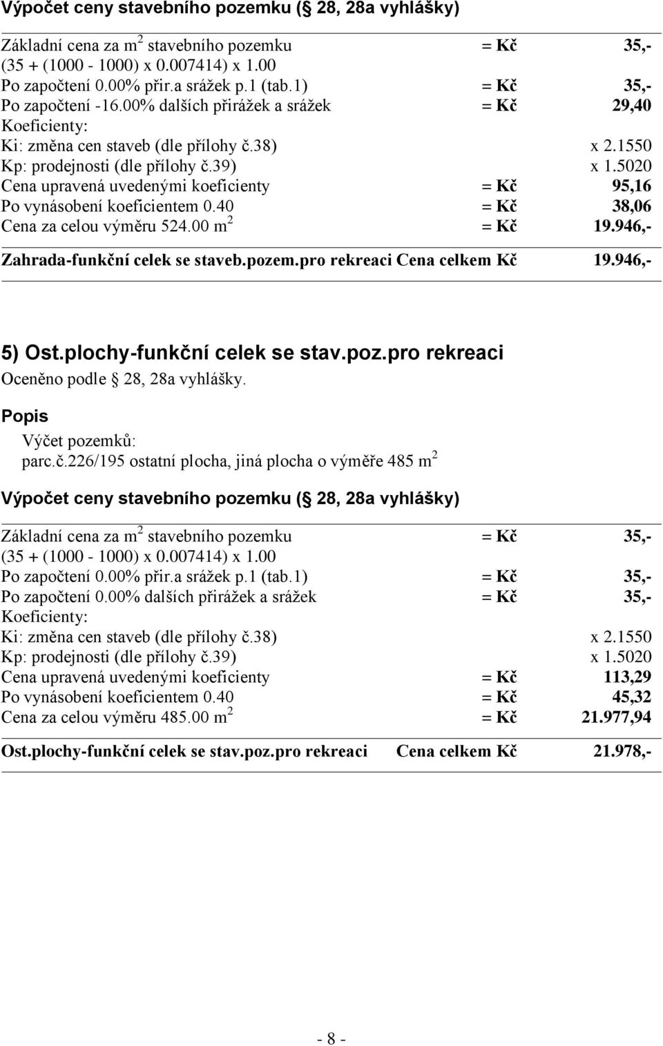 5020 Cena upravená uvedenými koeficienty = Kč 95,16 Po vynásobení koeficientem 0.40 = Kč 38,06 Cena za celou výměru 524.00 m 2 = Kč 19.946,- Zahrada-funkční celek se staveb.pozem.