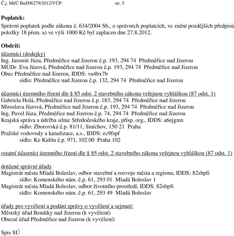 p. 193, 294 74 Předměřice nad Jizerou Obec Předměřice nad Jizerou, IDDS: va4bx7b sídlo: Předměřice nad Jizerou č.p. 132, 294 74 Předměřice nad Jizerou účastníci územního řízení dle 85 odst.