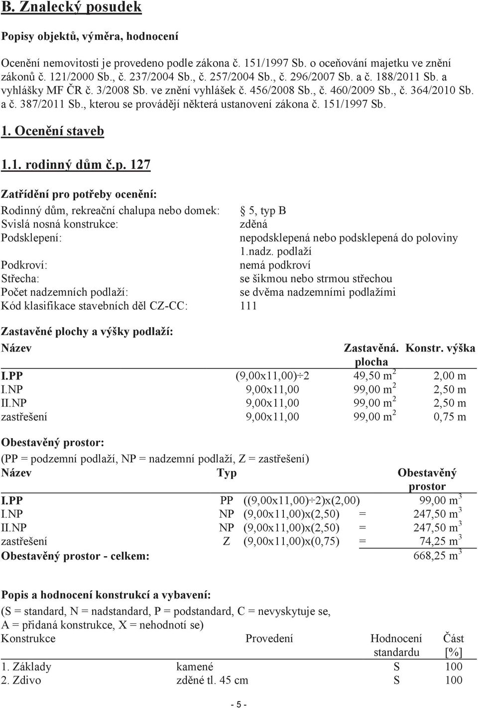 , kterou se provádějí některá ustanovení zákona č. 151/1997 Sb. 1. Ocenění staveb 1.1. rodinný dům č.p. 127 Zatřídění pro potřeby ocenění: Rodinný dům, rekreační chalupa nebo domek: 5, typ B Svislá nosná konstrukce: zděná Podsklepení: nepodsklepená nebo podsklepená do poloviny 1.