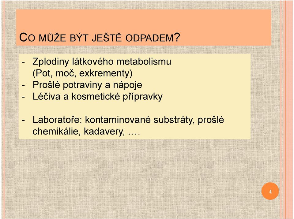 exkrementy) - Prošlé potraviny a nápoje - Léčiva a