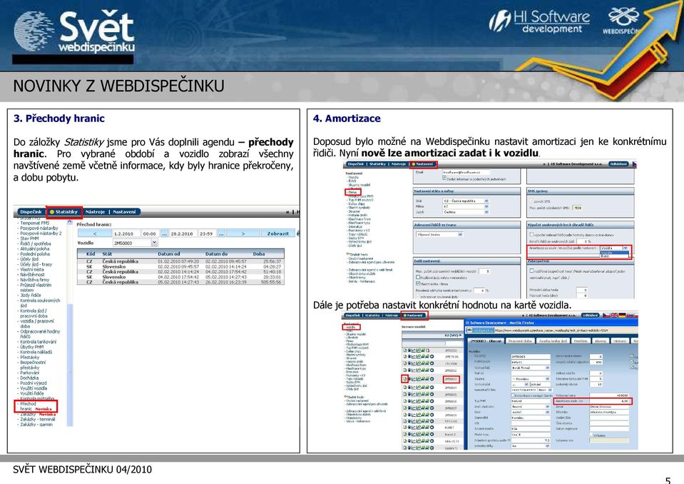 Pro vybrané období a vozidlo zobrazí všechny navštívené země včetně informace, kdy byly hranice překročeny,