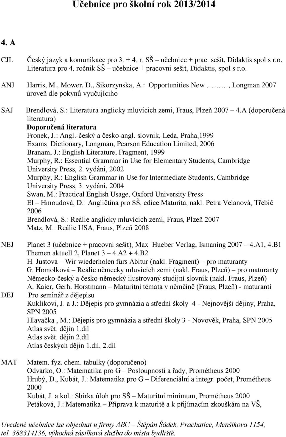 -český a česko-angl. slovník, Leda, Praha,1999 Exams Dictionary, Longman, Pearson Education Limited, 2006 Branam, J.: English Literature, Fragment, 1999 Murphy, R.