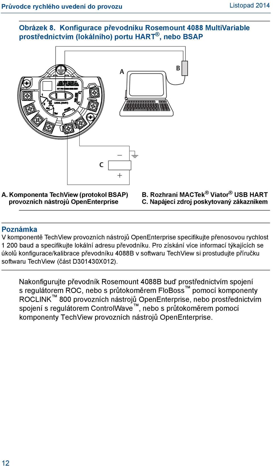 Napájecí zdroj poskytovaný zákazníkem Poznámka V komponentě TechView provozních nástrojů OpenEnterprise specifikujte přenosovou rychlost 1 200 baud a specifikujte lokální adresu převodníku.