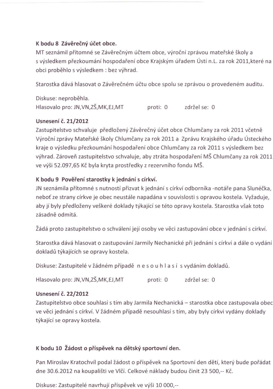 21/2012 Zastupitelstvo schvaluje předložený Závěrečný účet obce Chlumčany za rok 2011 včetně Výroční zprávy Mateřské školy Chlumčany za rok 2011 a Zprávu Krajského úřadu Ústeckého kraje o výsledku