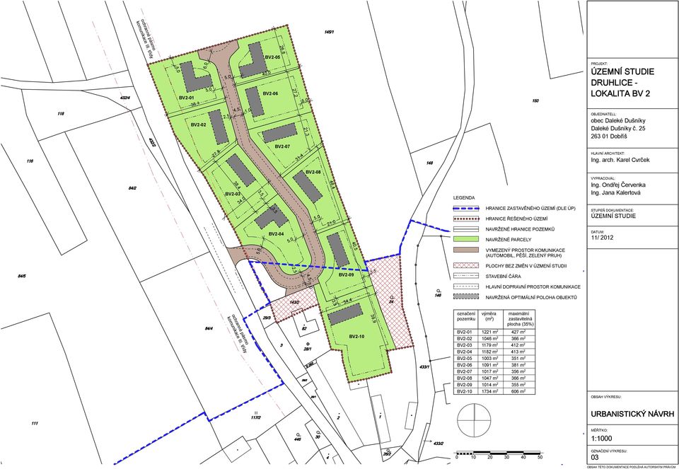 pozemku (m 2 ) zastavitelná plocha (35%) BV2-10 BV2-01 1221 m 2 427 m 2 BV2-02 1046 m 2 366 m 2 BV2-03 1179 m 2 412 m 2 BV2-04 1182 m 2 413 m 2 BV2-05