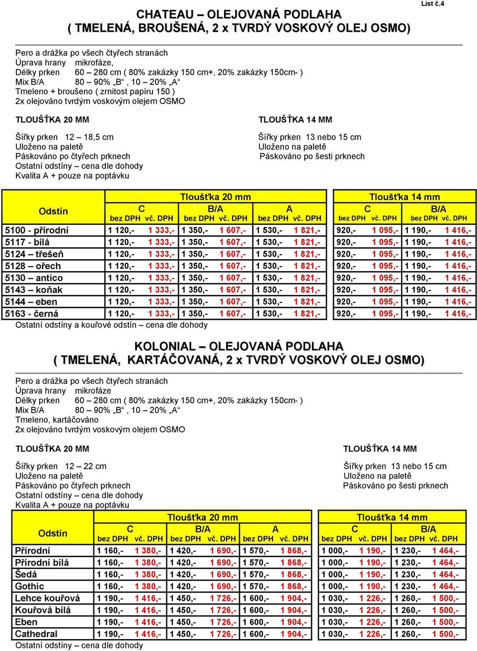 Ostatní odstíny cena dle dohody Kvalita + pouze na poptávku TLOUŠŤK 14 MM Šířky prken 13 nebo 15 cm Páskováno po šesti prknech Tloušťka 20 mm Tloušťka 14 mm C C 5100 - přírodní 1 120,- 1 333,- 1