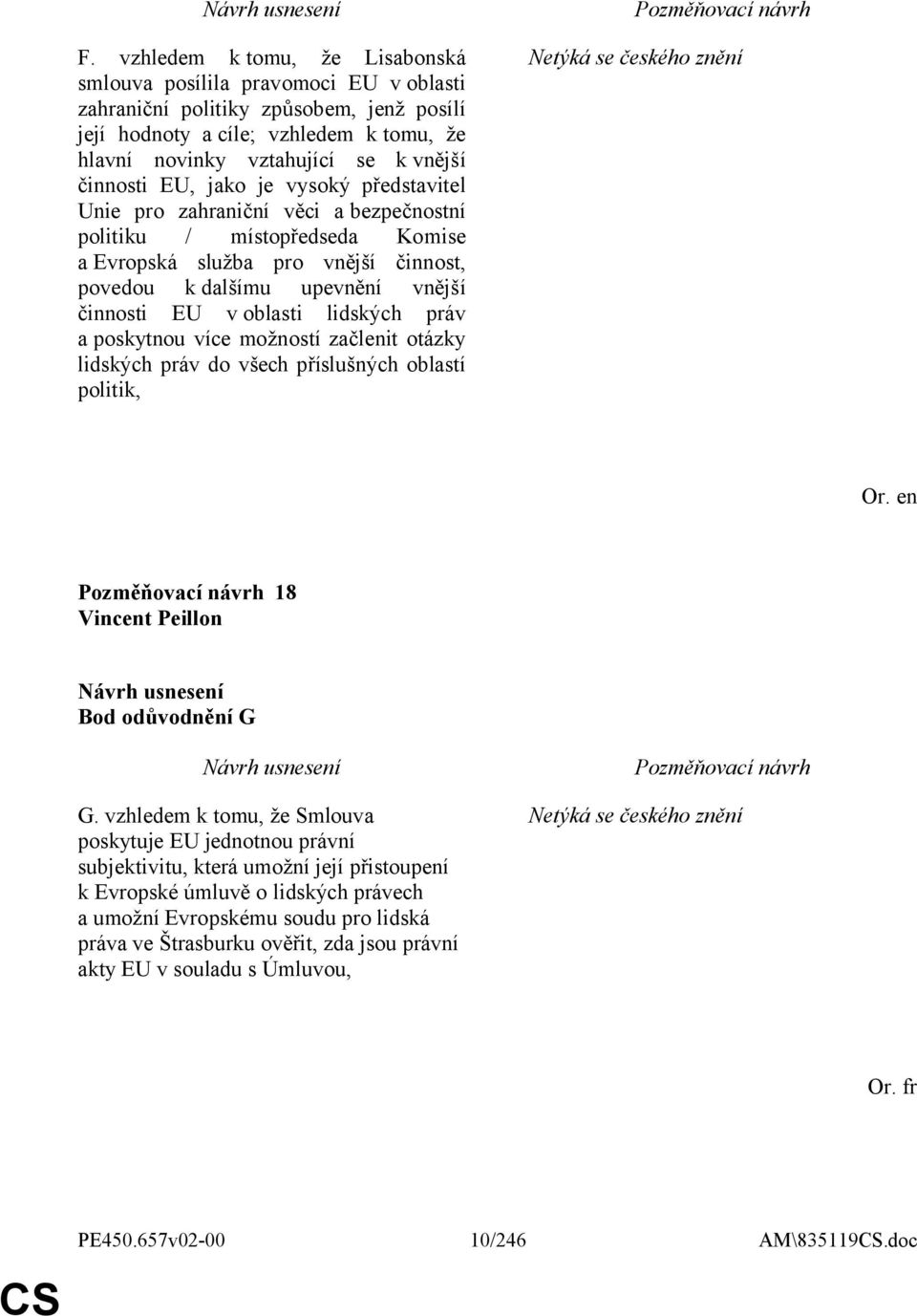 oblasti lidských práv a poskytnou více možností začlenit otázky lidských práv do všech příslušných oblastí politik, Netýká se českého znění 18 Vincent Peillon Bod odůvodnění G G.