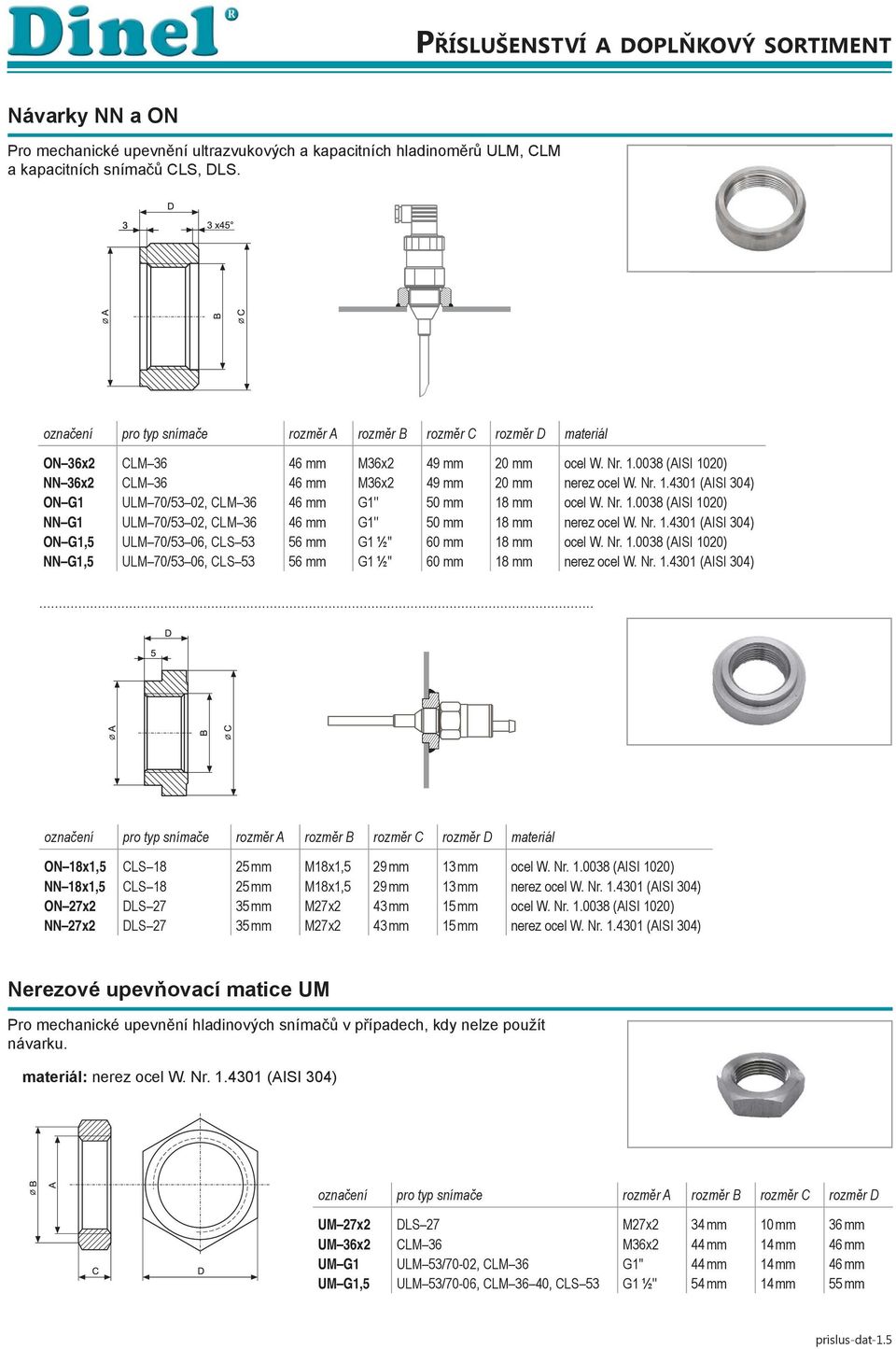 Nr. 1.0038 (AISI 1020) NN G1 ULM 70/53 02, CLM 36 46 mm G1'' 50 mm 18 mm nerez ocel W. Nr. 1.4301 (AISI 304) ON G1,5 ULM 70/53 06, CLS 53 56 mm G1 ½'' 60 mm 18 mm ocel W. Nr. 1.0038 (AISI 1020) NN G1,5 ULM 70/53 06, CLS 53 56 mm G1 ½'' 60 mm 18 mm nerez ocel W.