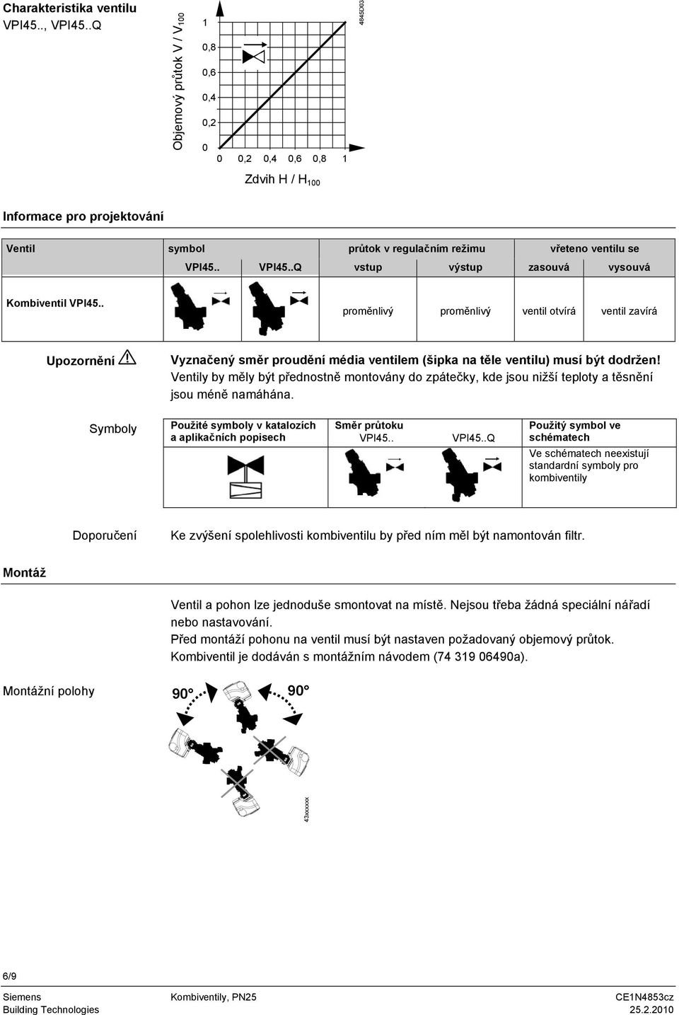 . VPI45..Q vstup výstup zasouvá vysouvá Kombiventil VPI45.. proměnlivý proměnlivý ventil otvírá ventil zavírá Upozornění Vyznačený směr proudění média ventilem (šipka na těle ventilu) musí být dodržen!