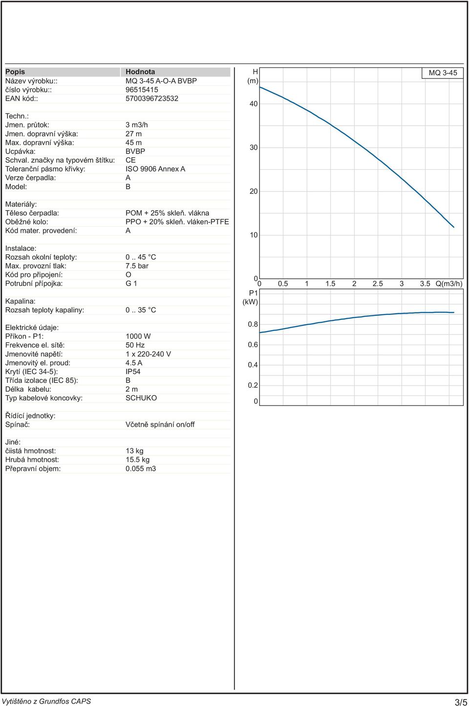 provedení: 3 m3/h 27 m 45 m VP CE ISO 9906 Annex A A Instalace: Rozsah okolní teploty: 0.. 45 C Max. provozní tlak: 7.