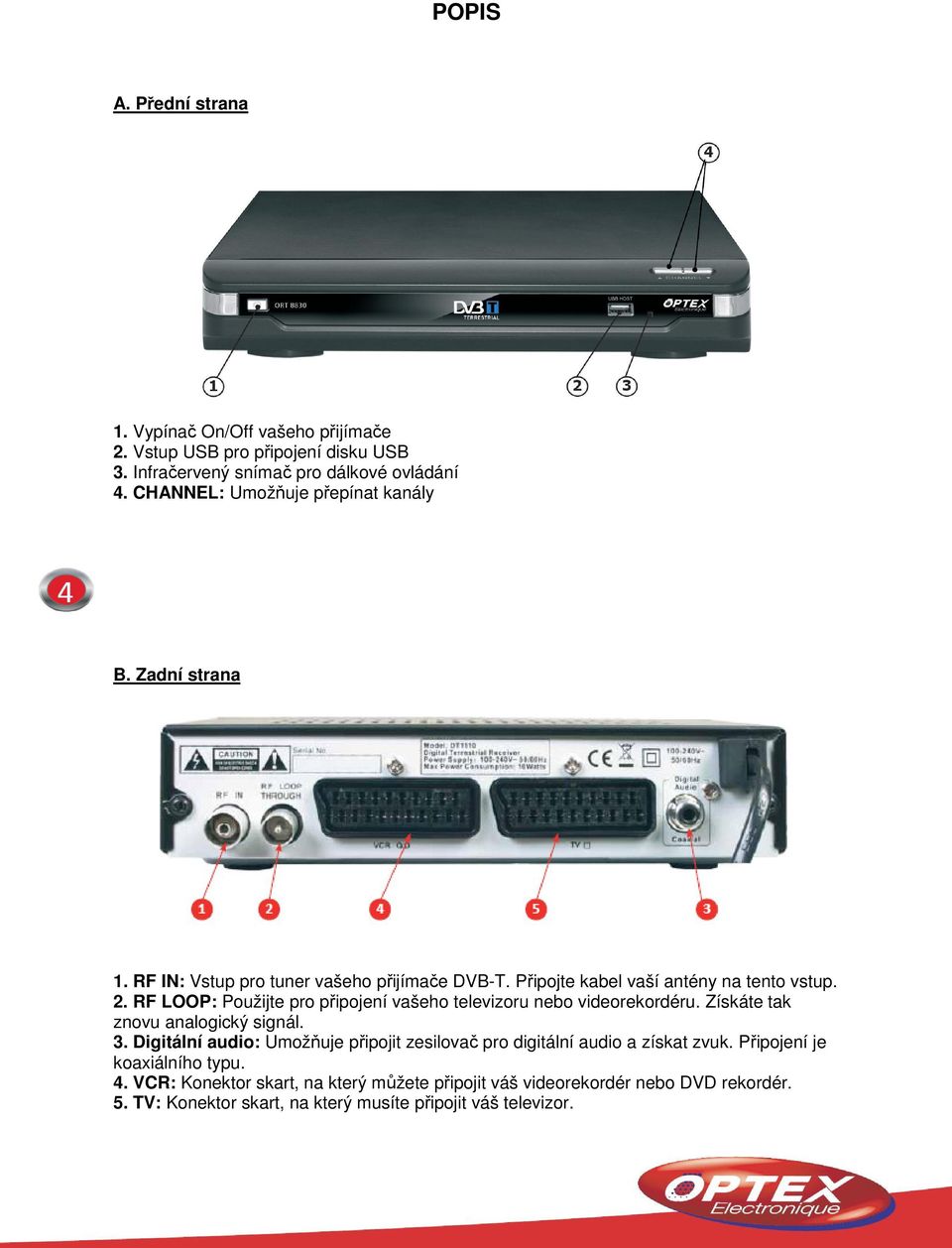 RF LOOP: Použijte pro připojení vašeho televizoru nebo videorekordéru. Získáte tak znovu analogický signál. 3.