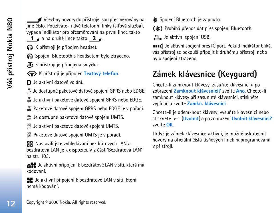 Spojení Bluetooth s headsetem bylo ztraceno. K pøístroji je pøipojena smyèka. K pøístroji je pøipojen Textový telefon. Je aktivní datové volání. Je dostupné paketové datové spojení GPRS nebo EDGE.