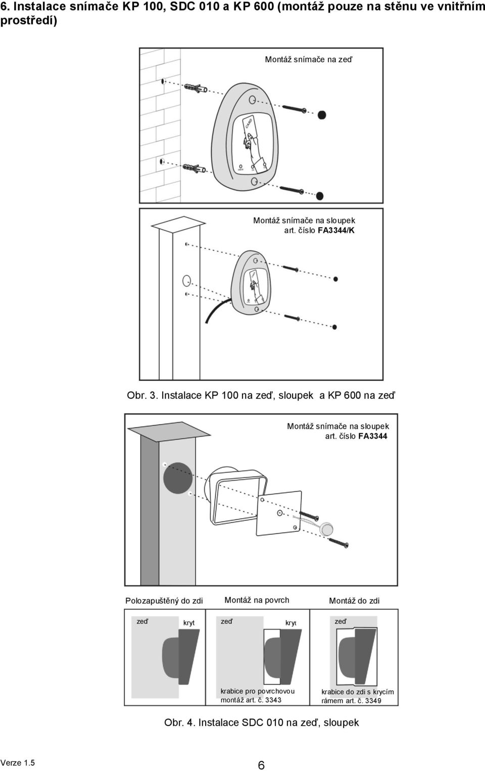 Instalace KP 100 na zeď, sloupek a KP 600 na zeď Montáž snímače na sloupek art.