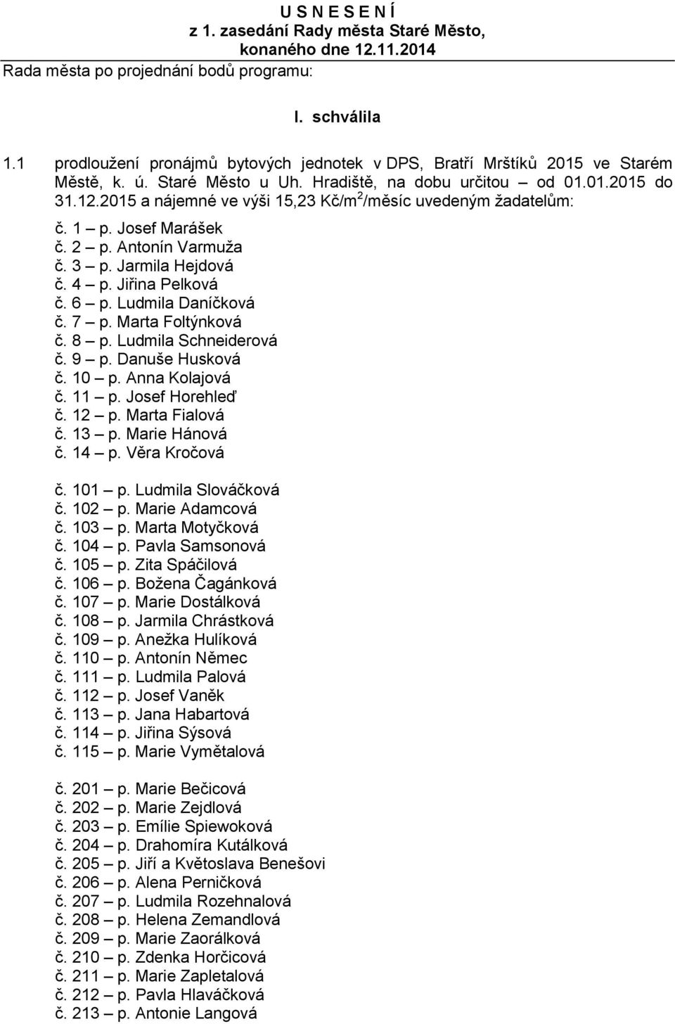 2015 a nájemné ve výši 15,23 Kč/m 2 /měsíc uvedeným žadatelům: č. 1 p. Josef Marášek č. 2 p. Antonín Varmuža č. 3 p. Jarmila Hejdová č. 4 p. Jiřina Pelková č. 6 p. Ludmila Daníčková č. 7 p.
