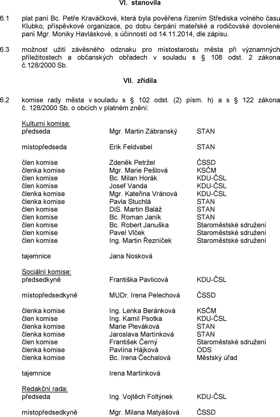 2 zákona č.128/2000 Sb. VII. zřídila 6.2 komise rady města v souladu s 102 odst. (2) písm. h) a s 122 zákona č. 128/2000 Sb. o obcích v platném znění: Kulturní komise: předseda Mgr.